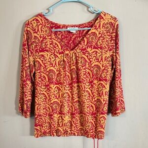 Lucky Brand Medallion Pattern Red and Gold Boho Tassel Tie Blouse Small